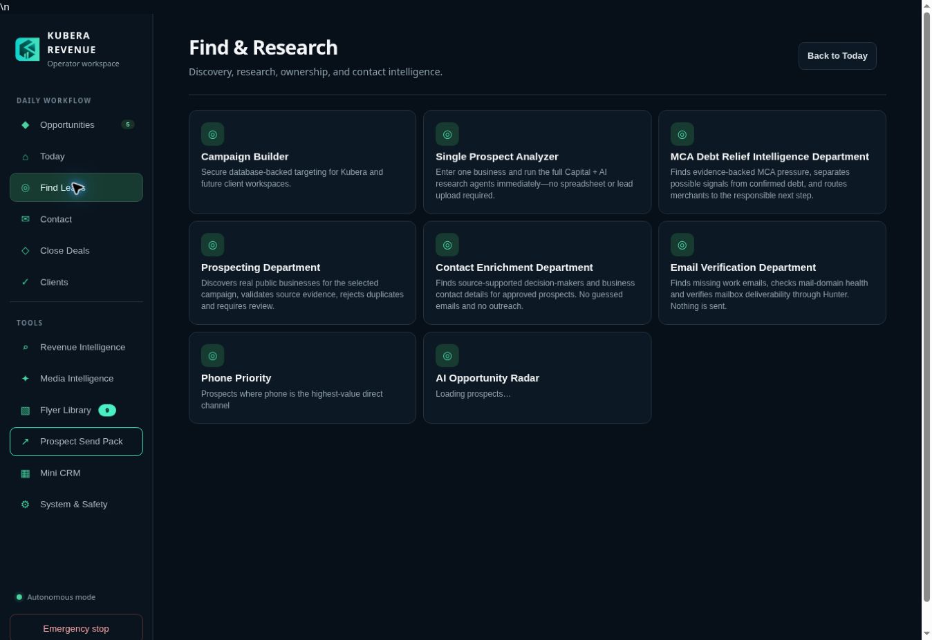 Kubera Revenue Engine Find and Research workspace menu with campaign builder, prospect analyzer, and research departments